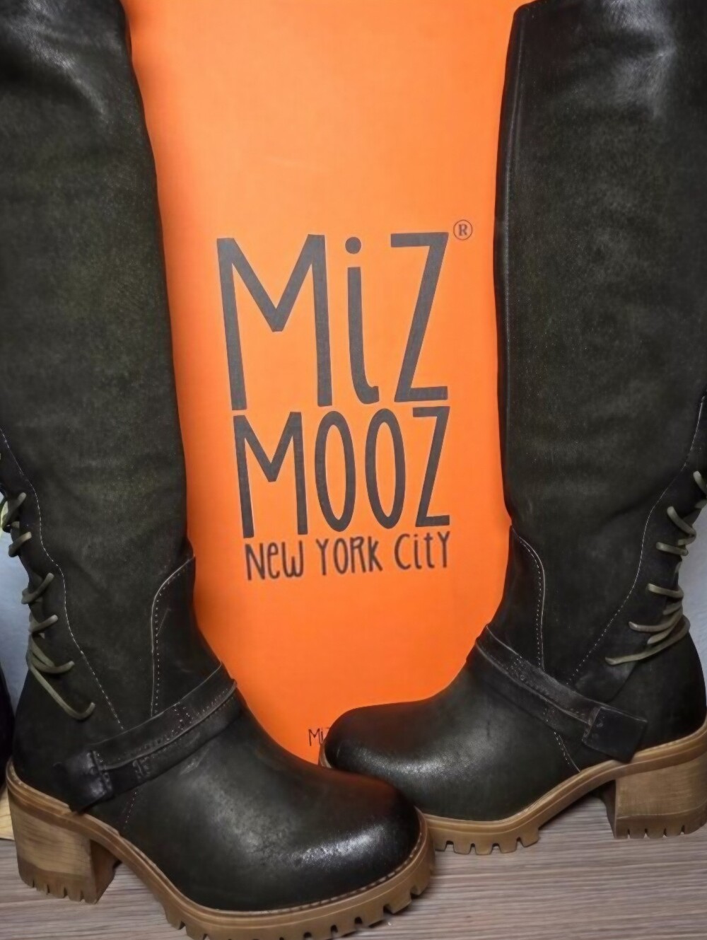 Miz Mooz Mavis Tall Lace‑Back Leather Boots Moss Green Chunky Sole Sz 5.5-6 (36)